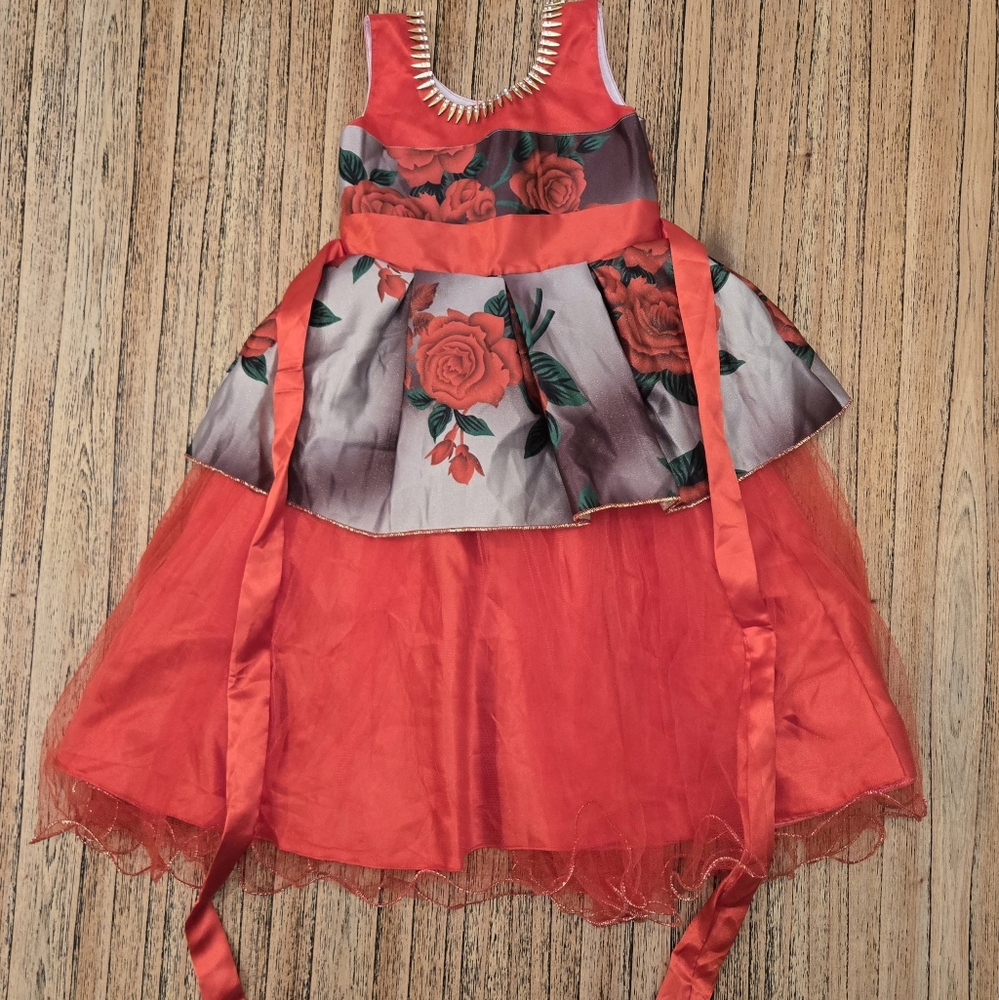 Beautiful Floral Red‎ and Gray Kids My Lil Princess India Dress with Ribbon. New